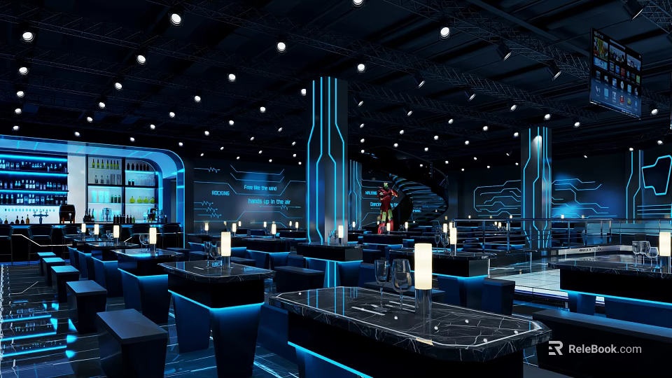 Modern Bar Interior Design With Black Marble Tables And Blue Lighting Ambiance 3d model 