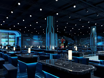 Modern Bar Interior Design With Black Marble Tables And Blue Lighting Ambiance 3d model