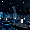 Modern Bar Interior Design With Black Marble Tables And Blue Lighting Ambiance