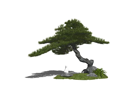 Indoor Landscape with Curved Pine Tree Rocks Green Grass and White Crane 3d model