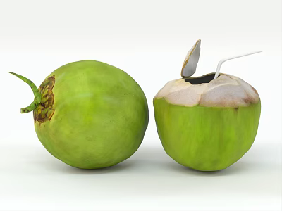 Fresh Green Coconut Fruit Whole And Opened With Straw And Spoon 3d model