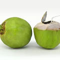 Fresh Green Coconut Fruit Whole And Opened With Straw And Spoon