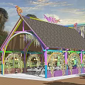Colorful Pergola with Hanging Wisteria Vines and Outdoor Dining Table Chairs
