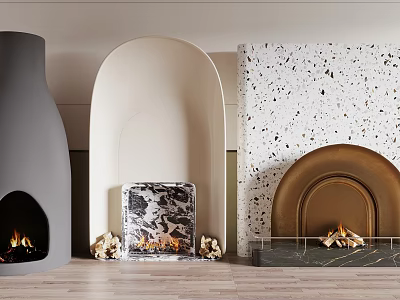 Various Fireplace Designs with Arched Shapes Stone Backdrops and Burning Flames 3d model