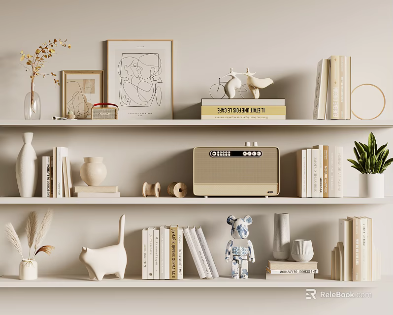 Elegant Decorative Ornament Set Featuring Shelves Books Frames Vintage Radio Plant and Vase 3d model 