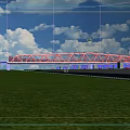 Modern White Bridge Spanning Over Calm Water With Green Grass And Blue Sky