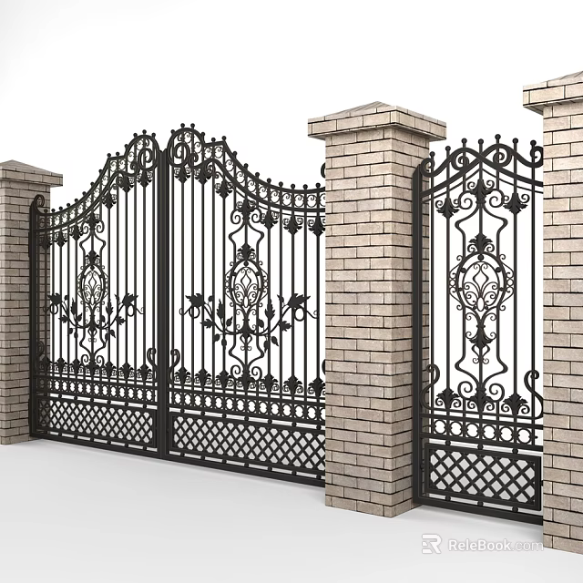 Elegant Wrought Iron Gates With Ornate Patterns And Brick Pillars For Residential Exterior Design 3d model 