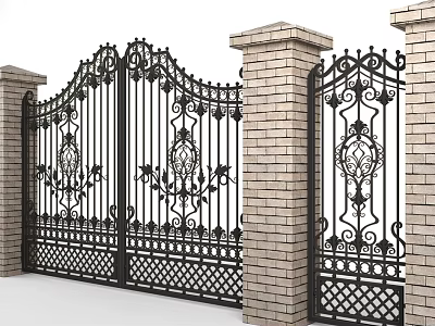 Elegant Wrought Iron Gates With Ornate Patterns And Brick Pillars For Residential Exterior Design 3d model