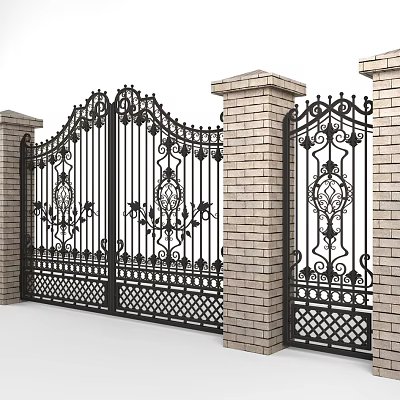 Elegant Wrought Iron Gates With Ornate Patterns And Brick Pillars For Residential Exterior Design 3d model