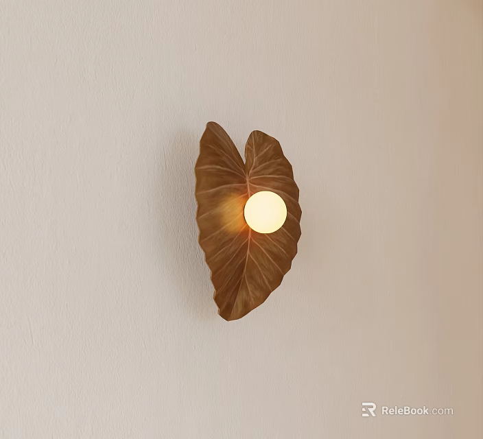 Brown Leaf Shaped Wall Lamp With Round Light Source Mounted On Light Colored Wall 3d model