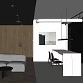 Modern Apartment Interior With Sofa Wooden Wall White Counter And Black Chairs