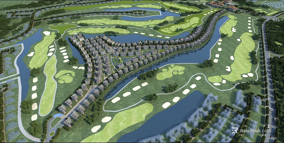 Single Family House Community Arranged Along River With Golf Course And Green Spaces 3d model 