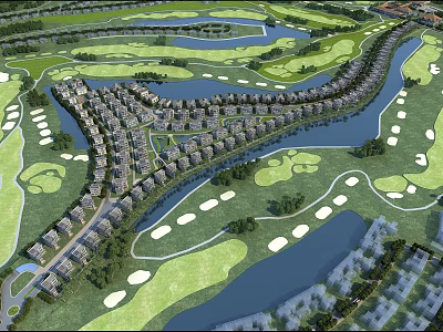 Single Family House Community Arranged Along River With Golf Course And Green Spaces 3d model