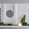 White Feature Wall Design With Circular Decor Perforated Panels Small Green Plants and Spherical Lights