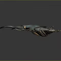 3D Rendered Horned Beetle with Large Curved Horns and Metallic Shell on Dark Background