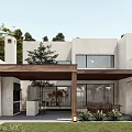 Modern Detached Villa With White Exterior Large Windows Wooden Pergola And Green Lawn