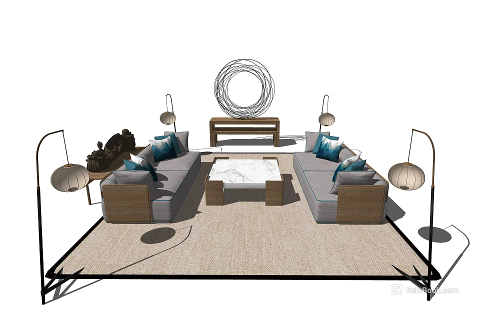 Modern Minimalist Sofa Coffee Table Set With Floor Lamps And Circular Wall Decor 3d model 