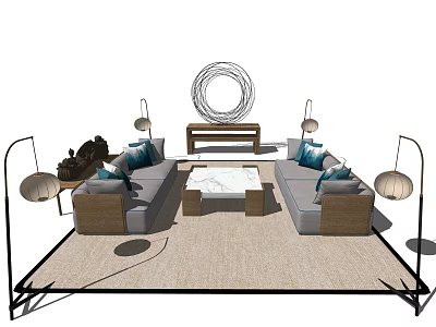 Modern Minimalist Sofa Coffee Table Set With Floor Lamps And Circular Wall Decor 3d model