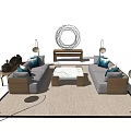 Modern Minimalist Sofa Coffee Table Set With Floor Lamps And Circular Wall Decor