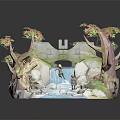 Paper Craft Cartoon Scene With Waterfall Stream Rocks Trees And Small Animals