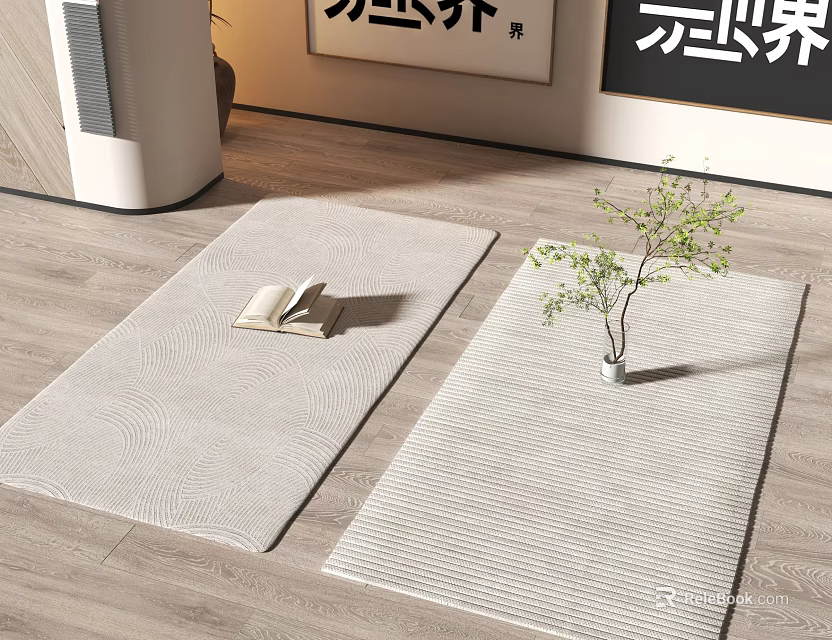 Light Square Rugs In Modern Room With Book And Plant 3d model 