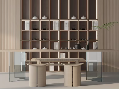Modern Tea Table And Chairs With Wooden Bookshelf Tea Sets And Books 3d model