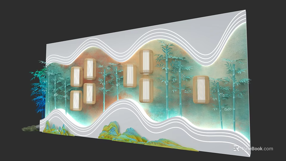 Exhibition Hall Cultural Wall With Wavy Lines Bamboo Patterns Square Lights And Landscape Elements 3d model