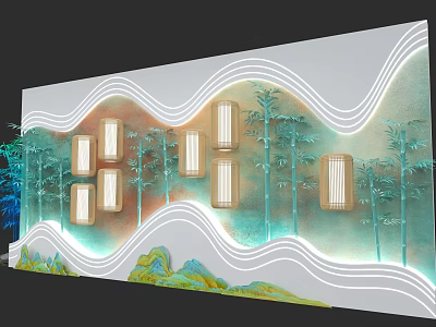 Exhibition Hall Cultural Wall With Wavy Lines Bamboo Patterns Square Lights And Landscape Elements 3d model