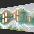 Exhibition Hall Cultural Wall With Wavy Lines Bamboo Patterns Square Lights And Landscape Elements 3d model