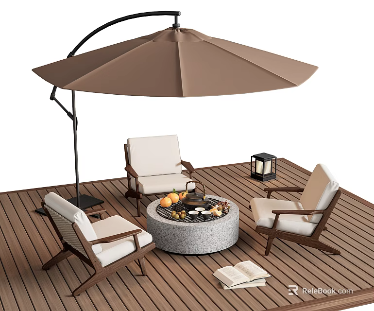 Outdoor Lounge Chairs with White Cushions on Wooden Deck Fire Pit and Patio Umbrella 3d model 
