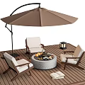 Outdoor Lounge Chairs with White Cushions on Wooden Deck Fire Pit and Patio Umbrella