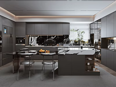 Modern Restaurant Kitchen Interior With Grey Cabinets Marble Island Countertops And Dining Table With Chairs 3d model