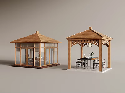 Wooden Outdoor Gazebos Enclosed With Glass Walls And Open Design With Tables Chairs 3d model