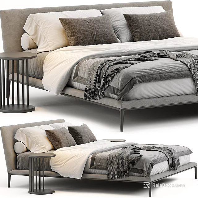 Modern Double Bed Interior With Gray Frame Pillows Blanket And Nightstand 3d model 