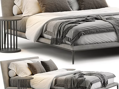 Modern Double Bed Interior With Gray Frame Pillows Blanket And Nightstand 3d model