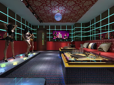 KTV Interior With Dancers Red Sofas Screen Patterned Ceiling And Lighting 3d model
