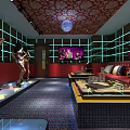 KTV Interior With Dancers Red Sofas Screen Patterned Ceiling And Lighting