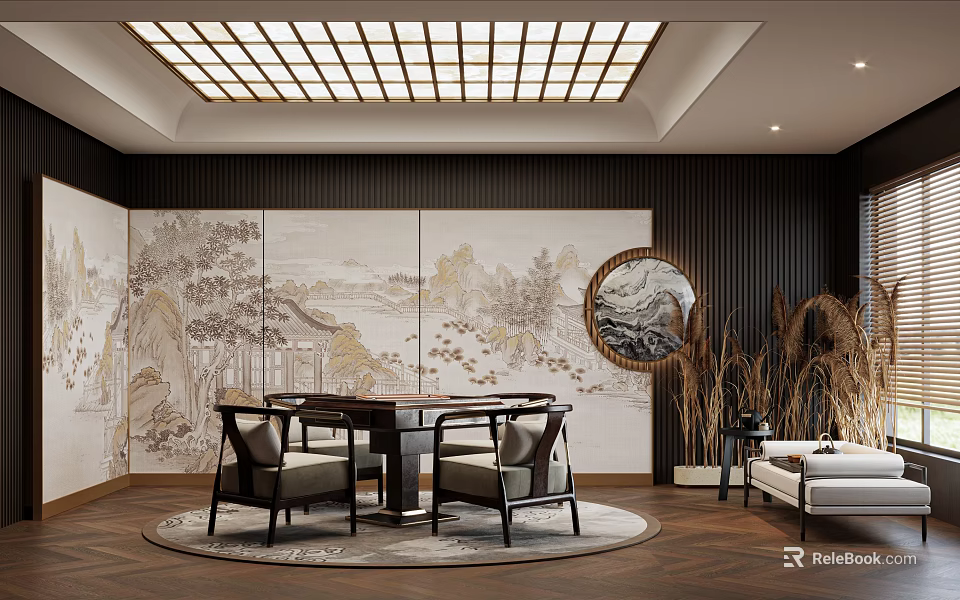 Elegant Hotel Mahjong Room With Chinese Landscape Murals Wooden Tables And Pendant Lights 3d model 