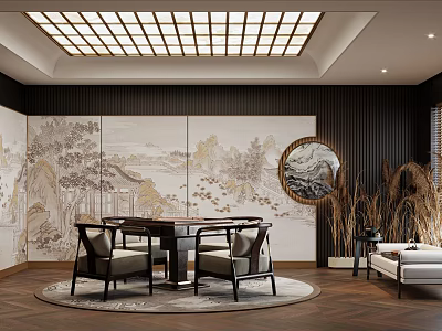 Elegant Hotel Mahjong Room With Chinese Landscape Murals Wooden Tables And Pendant Lights 3d model