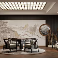 Elegant Hotel Mahjong Room With Chinese Landscape Murals Wooden Tables And Pendant Lights