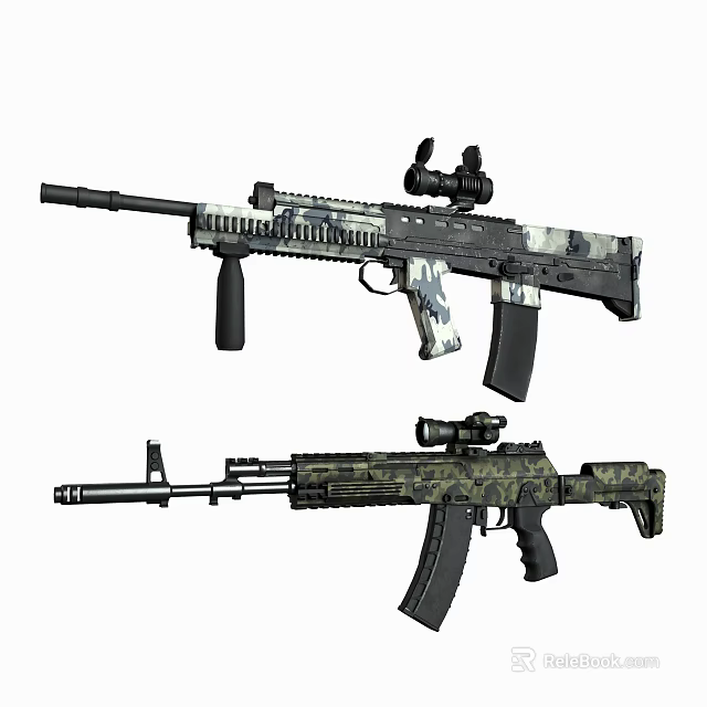 Two Modern Camouflage Rifles With Tactical Design And Sniper Scope Features 3d model