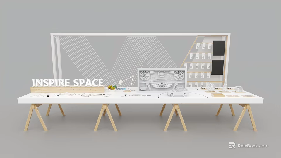 Modern Display Shelves With Geometric Lines And Wooden Accents In Inspiration Space For Retail Items 3d model 