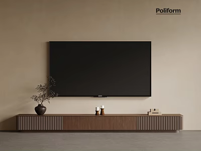 Modern Wooden TV Stand With Vase Candles And Books Against Neutral Wall 3d model