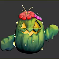 Cartoon Cactus Character With Green Body Waving Arm Yellow Face Features And Flower Decorated Head
