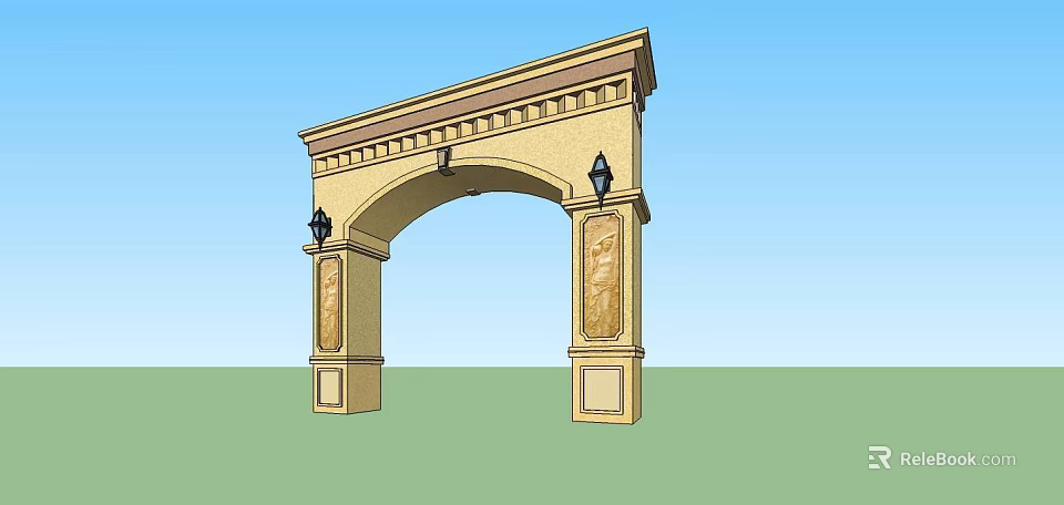 Classical Arched Entrance Gate with Ornate Columns Intricate Carvings and Wall Lamps 3d model 
