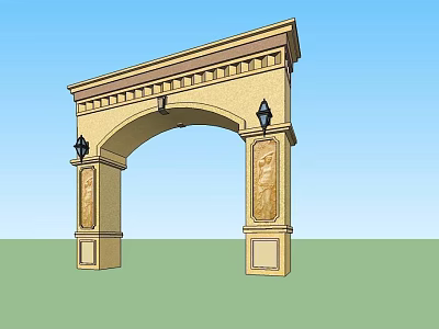 Classical Arched Entrance Gate with Ornate Columns Intricate Carvings and Wall Lamps 3d model