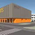 Industrial Plant With Large Signage Gray Facade Yellow Base Front Road Cars And Blue Sky