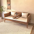 Wooden Luohan Daybed with White Cushions Small Center Table and Tea Set on Light Rug