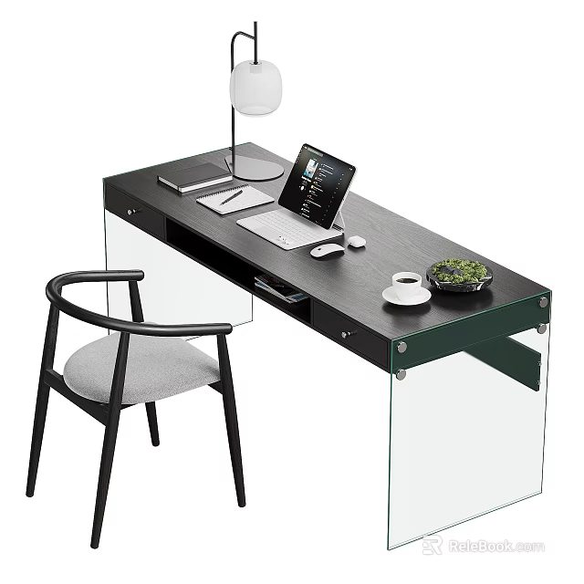 Modern Office Desk With Laptop White Mouse Lamp Coffee Cup Green Plant And Glass Legs 3d model 