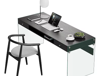 Modern Office Desk With Laptop White Mouse Lamp Coffee Cup Green Plant And Glass Legs 3d model